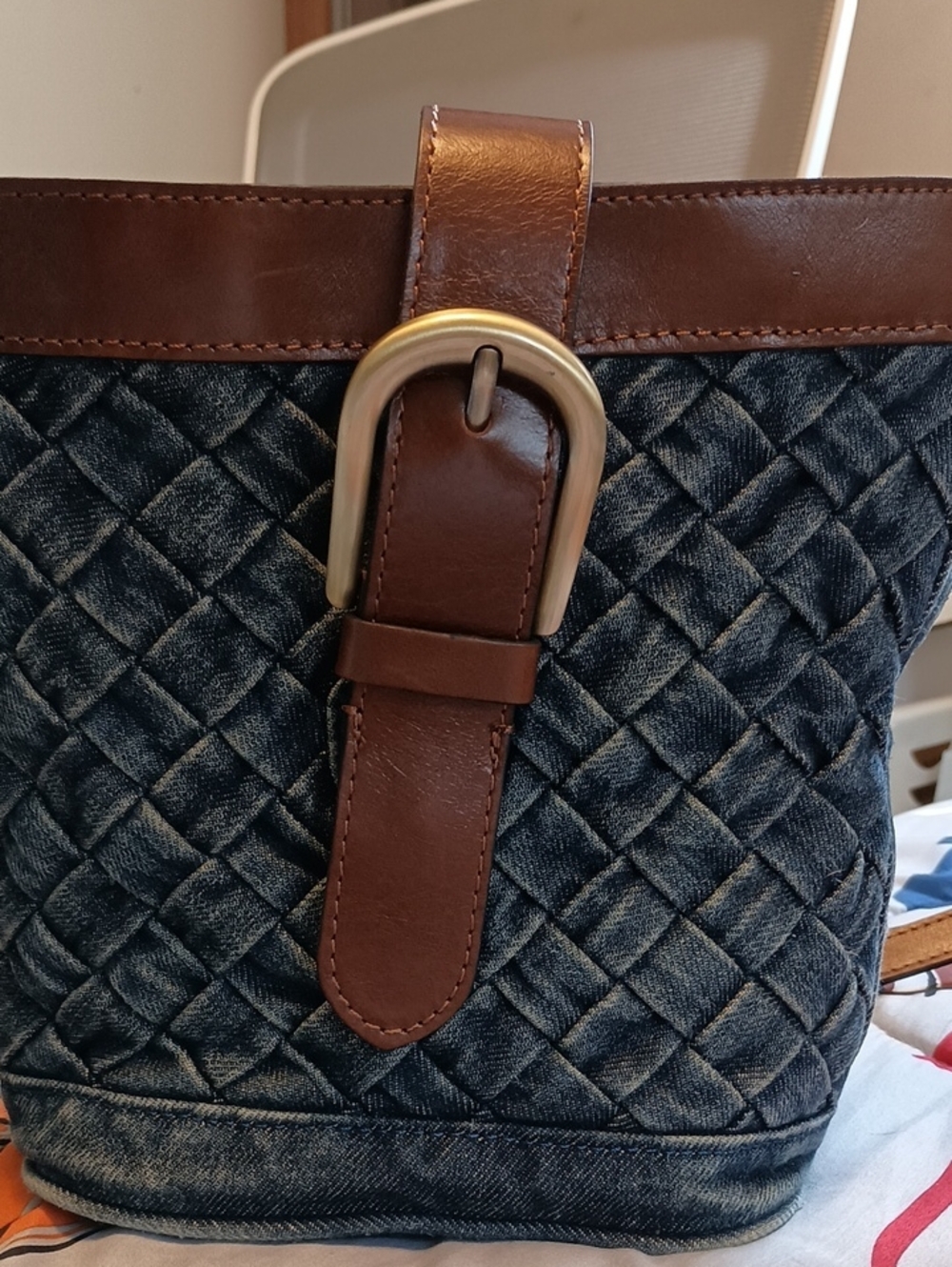 Quilted Denim Shoulder Bag with Brown Leather Trim